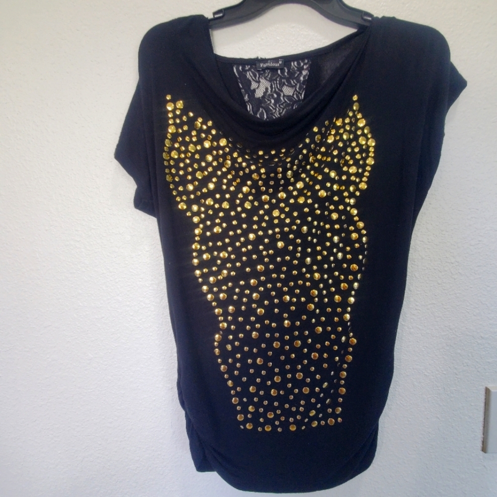 "Stylish Black T-Shirt with Gold Studs Detail For Woman M‎ Size
